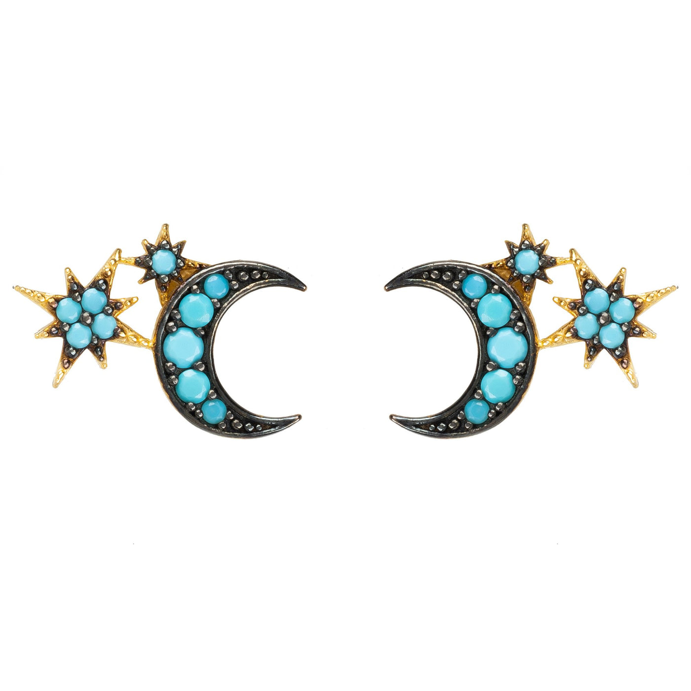 Stud earrings - moon and stars - 22 carat gold plated - Turquoise