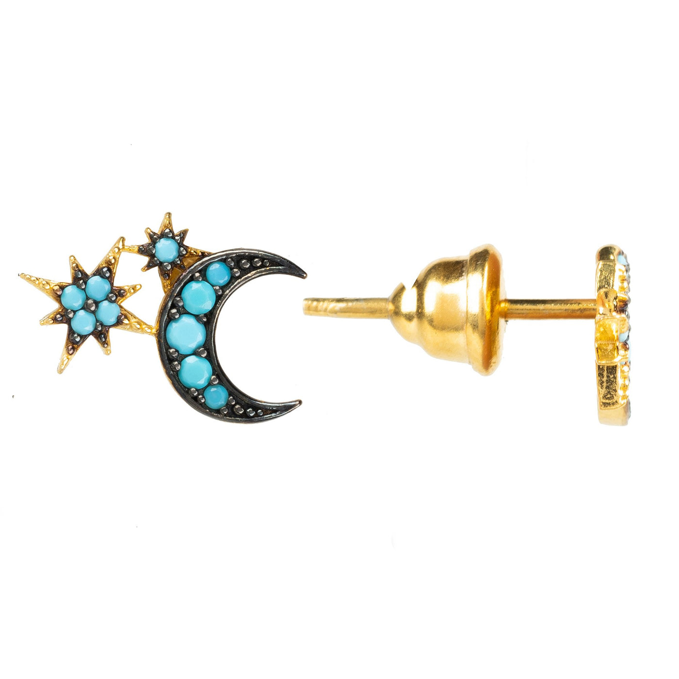 Stud earrings - moon and stars - 22 carat gold plated - Turquoise