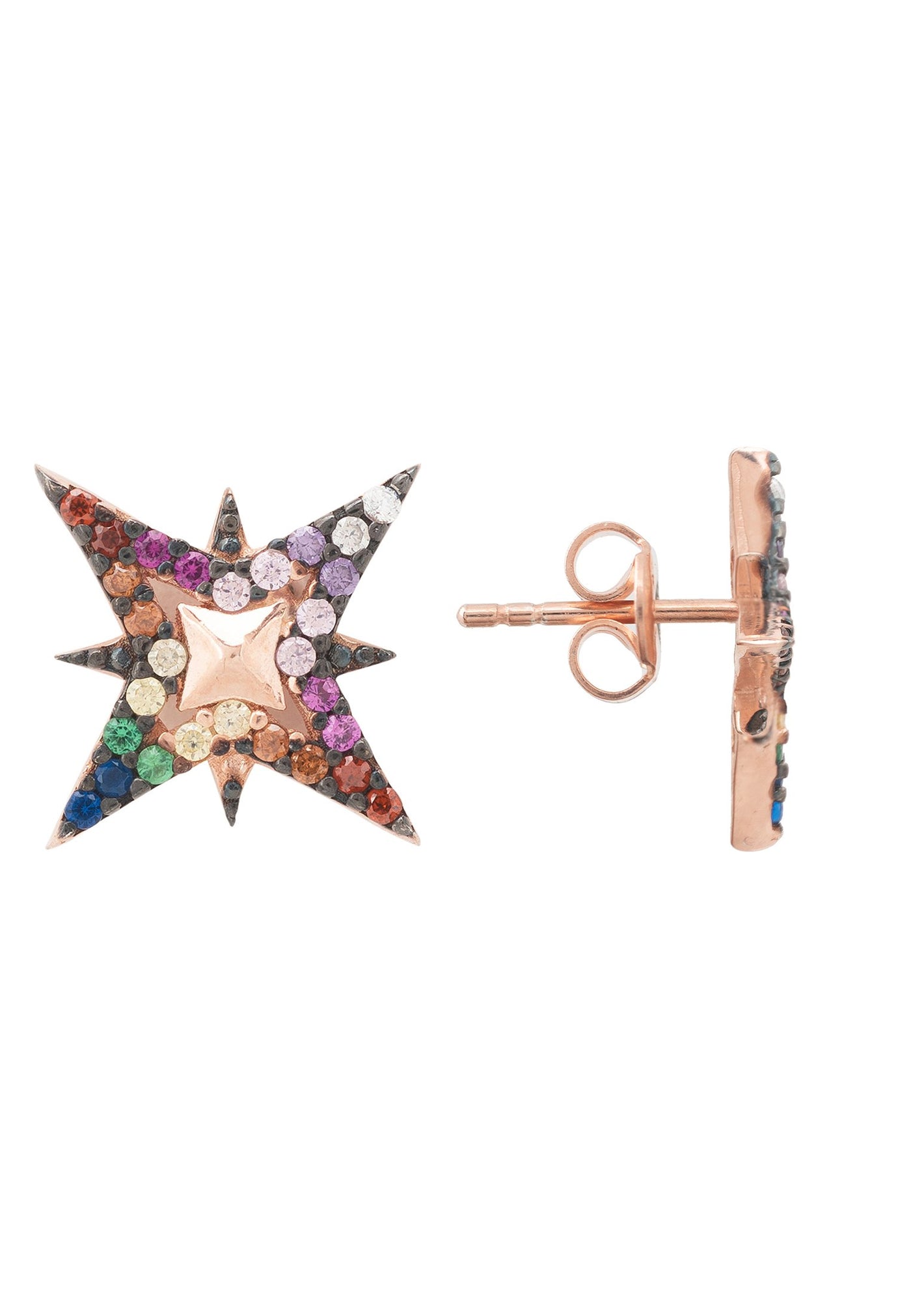 Stud earrings - North Star colorful - 22 carat gold plated - zircons