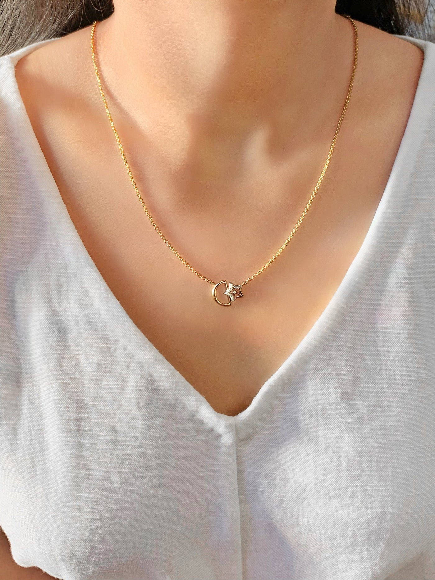 Necklace - Star-Kissed Moon - 14k gold plated - Diamonds